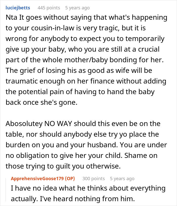 Screenshot of a Reddit discussion about a cousin with cancer wanting to borrow a baby and the controversy around motherhood.