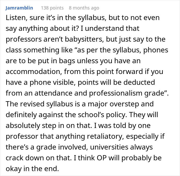 Text excerpt from a Reddit comment discussing student pushback after professor enforces phone rule without warning.