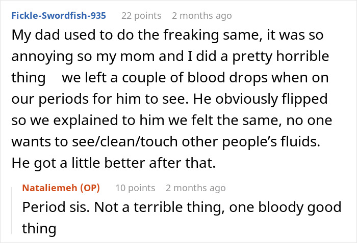 Screenshot of a Reddit conversation about sisters shaming brothers for leaving stains on the toilet seat to stop it.