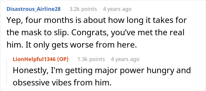 Reddit user comments discussing boyfriend fears about golddiggers and controlling behavior in a relationship.