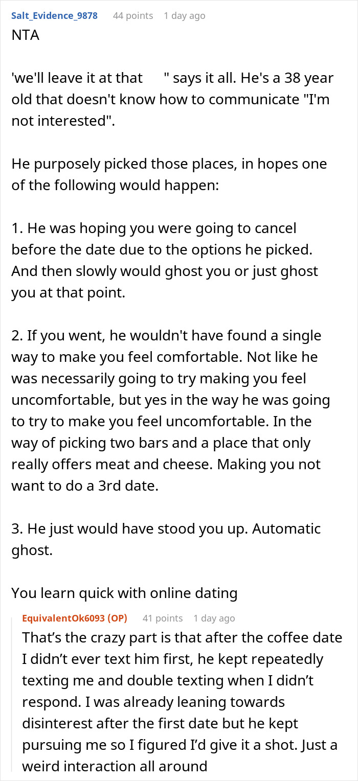 Screenshot of an online discussion about a recovering alcoholic avoiding a second date planned around bars. Screenshot of an online discussion about a recovering alcoholic avoiding a second date planned around bars.