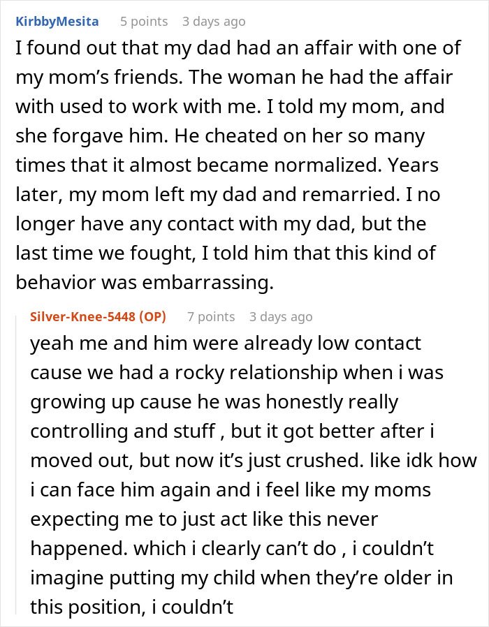 Reddit user shares story of dad’s mistress texting adult daughter, exposing months-long affair and devastating the mom on New Year’s Eve. Reddit user shares story of dad’s mistress texting adult daughter, exposing months-long affair and devastating the mom on New Year’s Eve.
