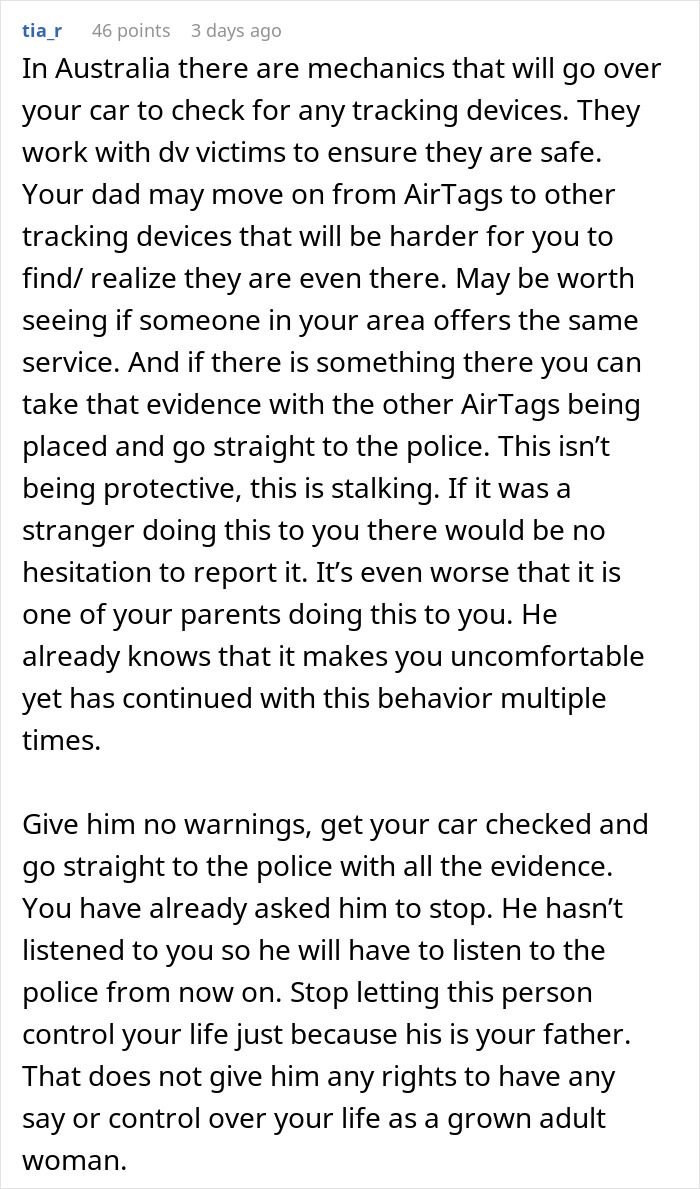 Comment discussing a man upset his 27-year-old son won&rsquo;t let him track his car with an AirTag for safety concerns.