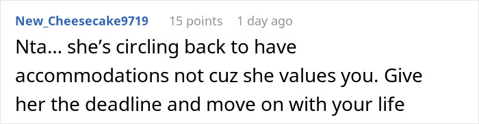 Comment screenshot showing advice about someone circling back to have accommodations, related to ex house drama relationship.