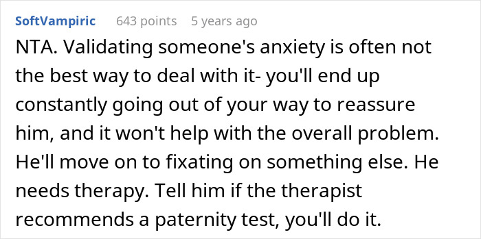 Comment discussing a guy demanding a paternity test for his 3-year-old son and being advised therapy instead. Comment discussing a guy demanding a paternity test for his 3-year-old son and being advised therapy instead.