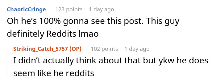 Conversation between two users discussing a strange guy&rsquo;s relationship and Reddit habits in a casual tone.