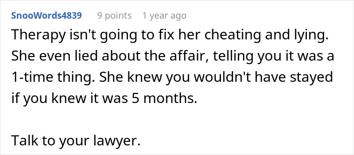 Comment advising a man to talk to his lawyer after discovering his wife’s cheating involved multiple months, not one night.