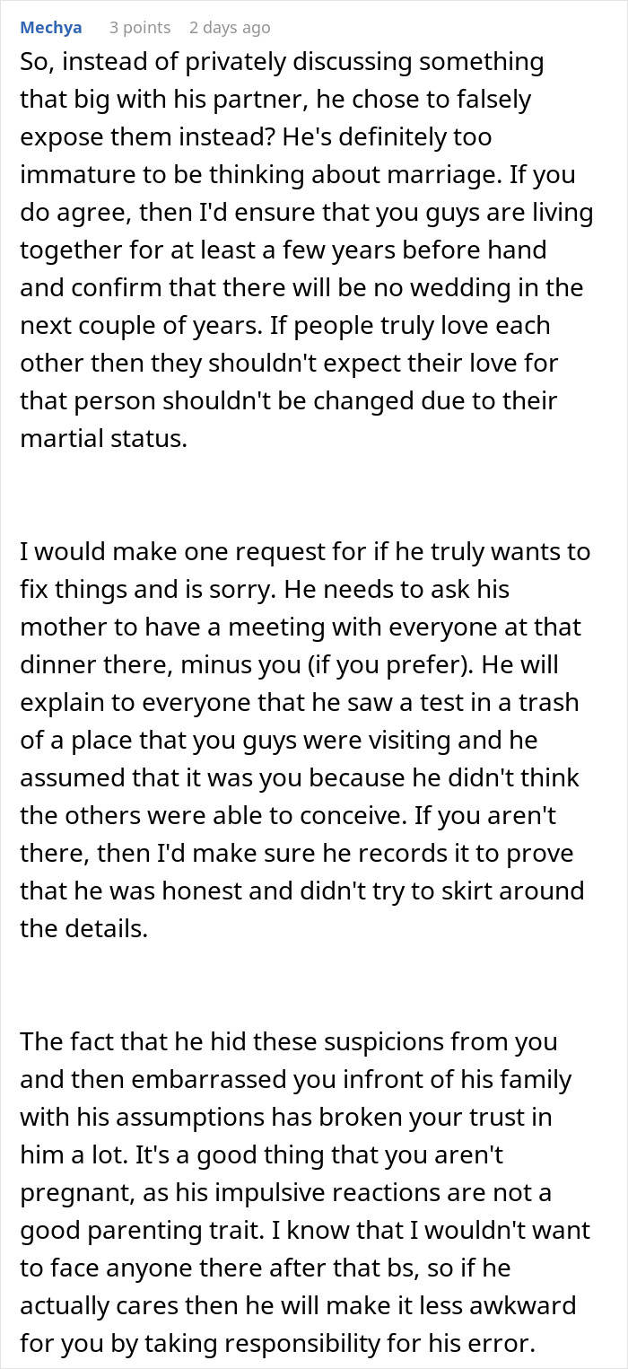 Comment discussing immaturity and broken trust after man assumes fianc&eacute;e is pregnant, showing his true colors in family setting.