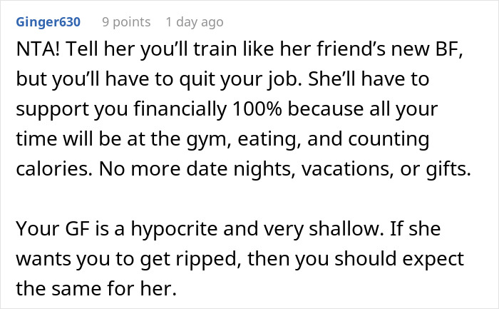 Comment highlighting a woman demanding her swimmer boyfriend resemble her friend’s partner with a critical response to her shallow request.