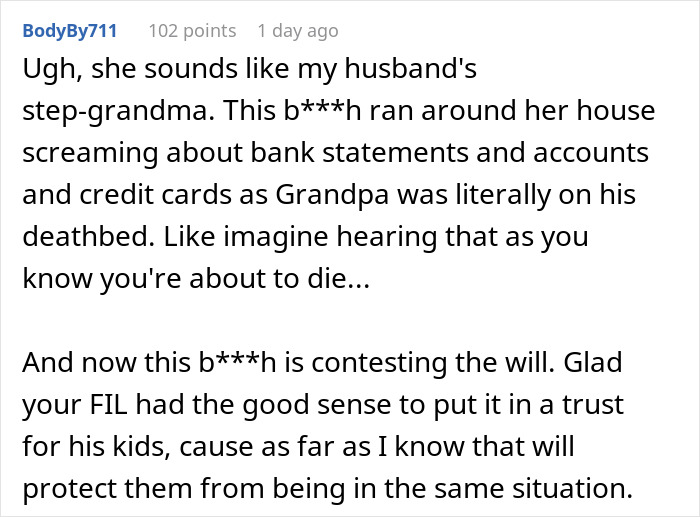 Reddit comment screenshot about a greedy mom freaking out over inheritance plans and contesting the will Reddit comment screenshot about a greedy mom freaking out over inheritance plans and contesting the will