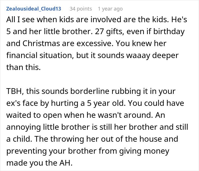 Screenshot of Reddit comment discussing daughter receiving 27 Christmas presents while half-brother gets one, highlighting family gift disparity.