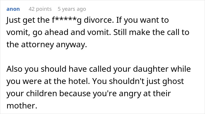 Text comment advising to get a divorce and not ghost children, discussing open marriage and reconnecting with ex. Text comment advising to get a divorce and not ghost children, discussing open marriage and reconnecting with ex.