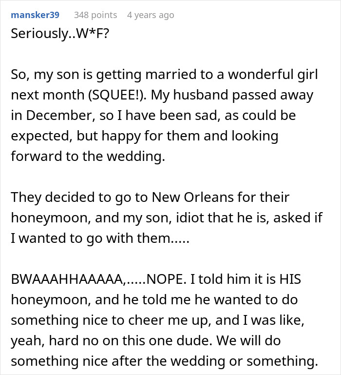 Text post describing a son&rsquo;s upcoming wedding and the unexpected husband parents coming honeymoon surprise plan.