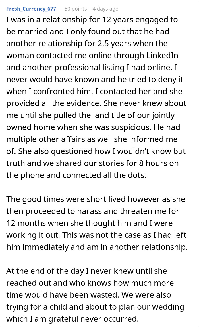 Screenshot of a personal story about discovering she was the mistress all along in a 4-year relationship.