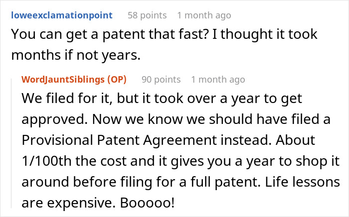 Comments discussing the timeline and cost of obtaining a patent after a restaurant's bigwig responds to a snarky letter. Comments discussing the timeline and cost of obtaining a patent after a restaurant's bigwig responds to a snarky letter.