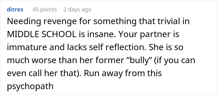 Comment discussing fianc&eacute;e&rsquo;s obsession with her bully causing relationship issues and advising to avoid the toxic situation.
