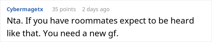 Comment text on screen about a guy refusing to embarrass his roommate despite hearing her moan, and his girlfriend&rsquo;s shocked reaction.