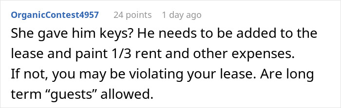 Text comment about lease and rent concerns in a roommate boyfriend vacation drama shared on a social platform. Text comment about lease and rent concerns in a roommate boyfriend vacation drama shared on a social platform.