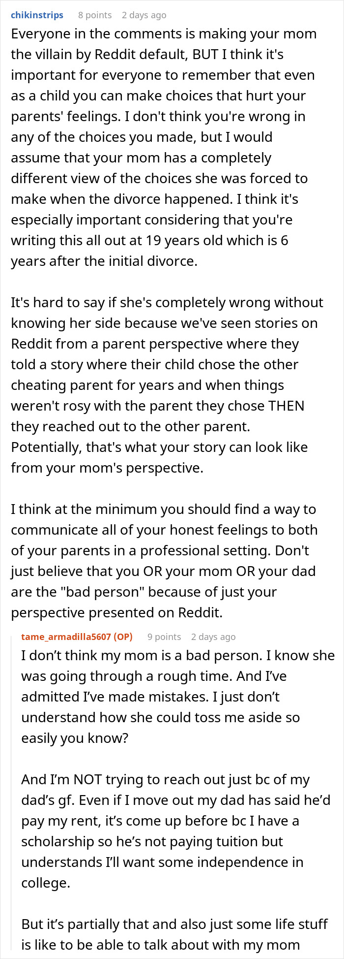 Alt text: Reddit discussion about a mom blaming her daughter for picking dad in the divorce and refusing involvement in her life. Alt text: Reddit discussion about a mom blaming her daughter for picking dad in the divorce and refusing involvement in her life.
