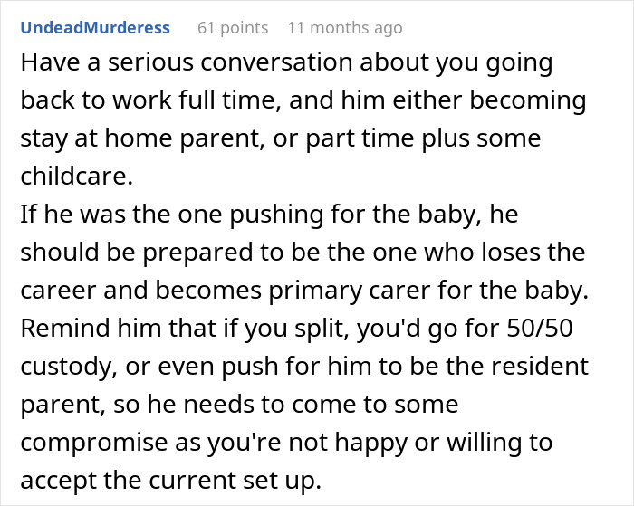 Screenshot of an online comment about caregiving, urging compromise and custody options; mom regrets becoming a parent Screenshot of an online comment about caregiving, urging compromise and custody options; mom regrets becoming a parent