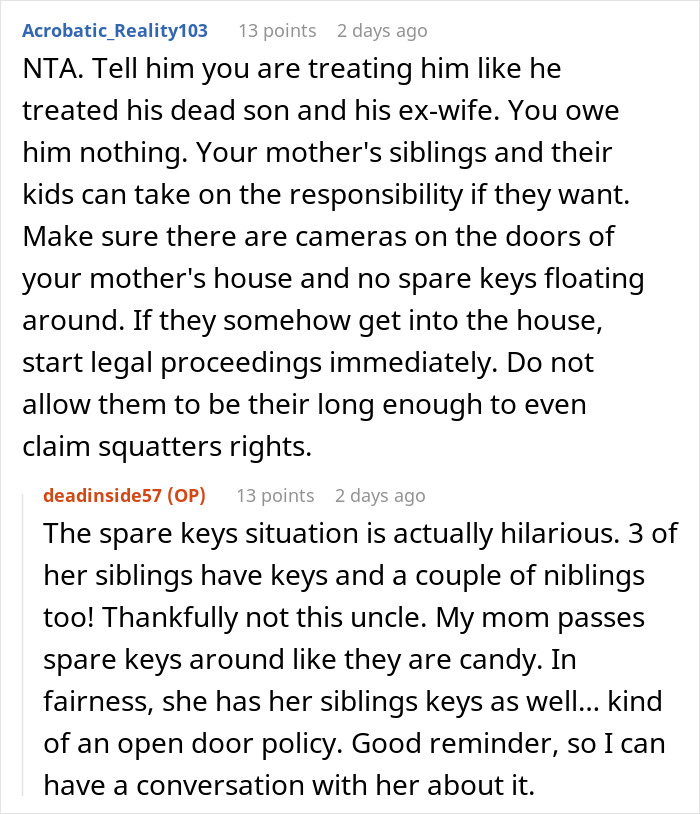 Reddit comments discussing an entitled uncle expecting niece to be his retirement plan and her reaction to his demands. Reddit comments discussing an entitled uncle expecting niece to be his retirement plan and her reaction to his demands.