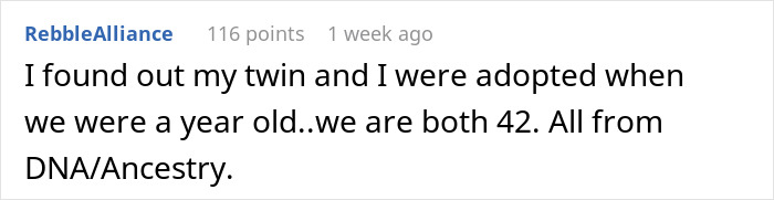 Comment discussing discovery of a secret family through ancestry DNA test after wife’s suggestion for fun.