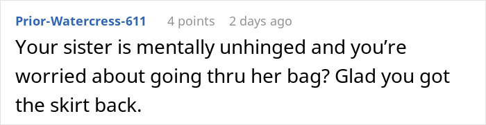 Comment text discussing a woman stealing her 5-year-old niece’s skirt and the concern about recovering it. Comment text discussing a woman stealing her 5-year-old niece’s skirt and the concern about recovering it.