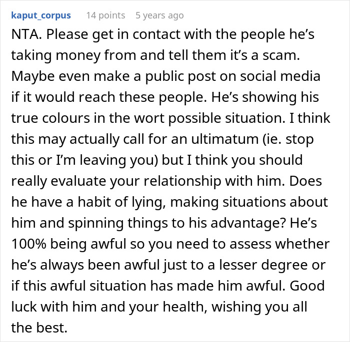 Reddit comment screenshot advising confrontation and warning about husband cancer excuses Reddit comment screenshot advising confrontation and warning about husband cancer excuses