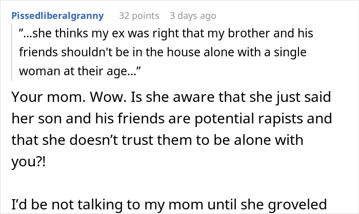 Reddit comment screenshot about family distrust and red flags, username Pissedliberalgranny visible