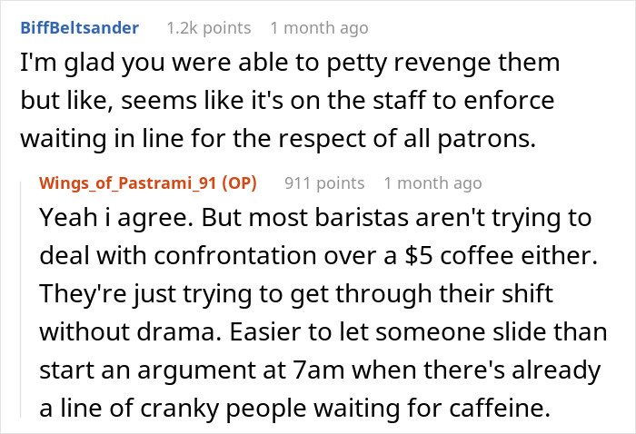 Online discussion about a guy trying to skip the coffee line and another patron outsmarting him in a morning cafe. Online discussion about a guy trying to skip the coffee line and another patron outsmarting him in a morning cafe.