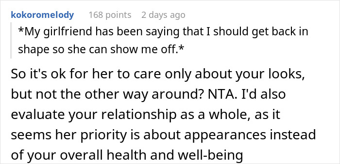 Screenshot of a Reddit comment discussing a woman demanding her swimmer boyfriend look like her friend’s partner, focusing on appearances.