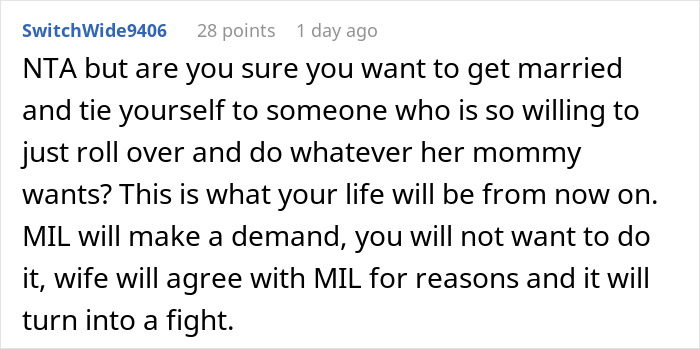 Screenshot of an online comment discussing mother dictating wedding attire and groom refusing marriage with potential marital conflicts.