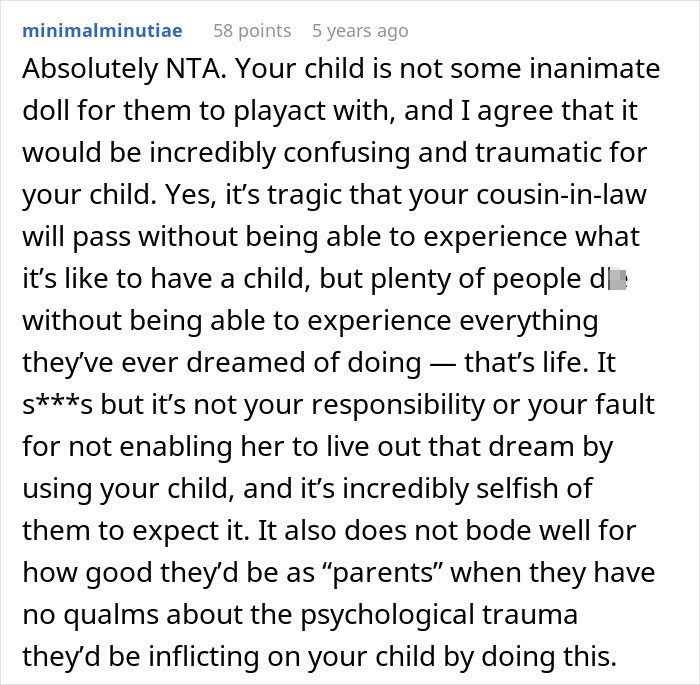 Reddit comment discussing cousin with cancer wanting to borrow baby to experience motherhood and the ethical concerns involved. Reddit comment discussing cousin with cancer wanting to borrow baby to experience motherhood and the ethical concerns involved.