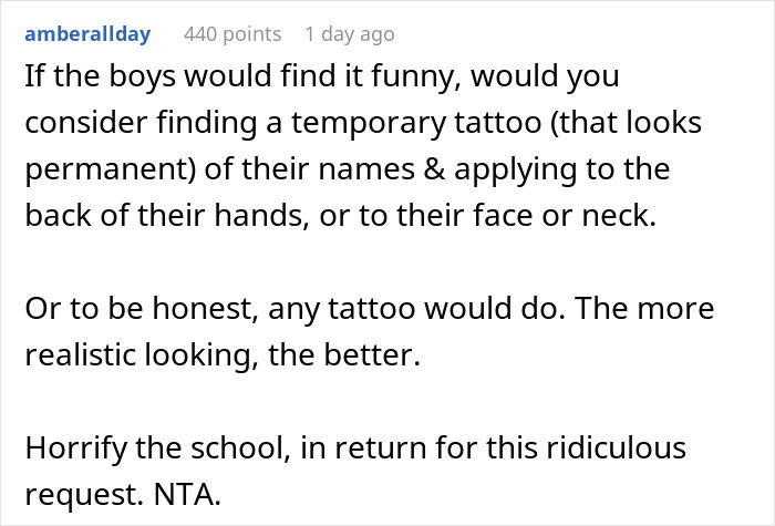 Text comment suggesting temporary tattoos to help distinguish similar twins amid a parent refusing to make twins less similar.