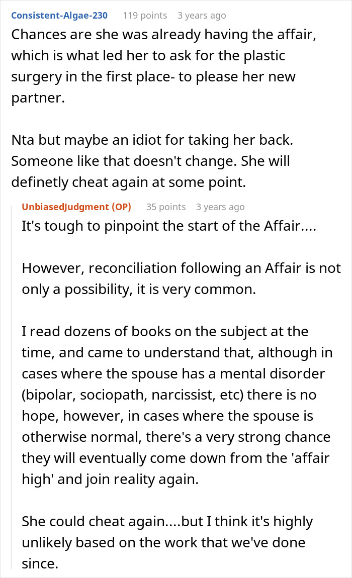 Text comments discussing a wife’s cosmetic upgrade linked to infidelity and the husband’s emotional spiral. Text comments discussing a wife’s cosmetic upgrade linked to infidelity and the husband’s emotional spiral.