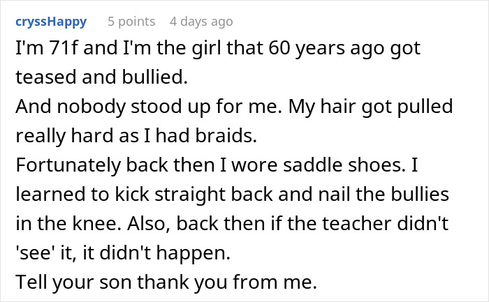 Comment about dad taking son out to celebrate after son punches a bully, discussing bullying experiences and parenting views. Comment about dad taking son out to celebrate after son punches a bully, discussing bullying experiences and parenting views.