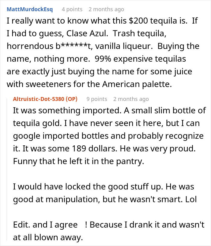 Screenshot of a Reddit thread discussing expensive tequila and manipulation within a family conflict involving lying snobs.