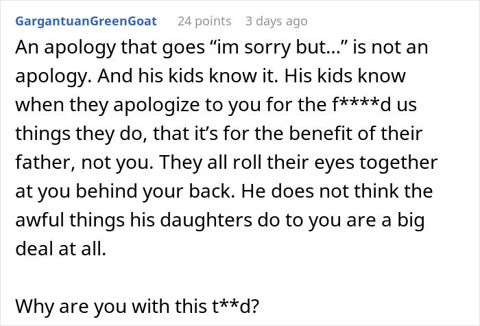 Screenshot of a Reddit comment about stepdaughters&rsquo; gift pushing a woman to her limits and family conflict.