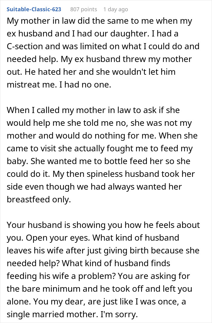 Text post sharing a new mom's experience with unsupportive husband and in-laws not helping with baby care. Text post sharing a new mom's experience with unsupportive husband and in-laws not helping with baby care.