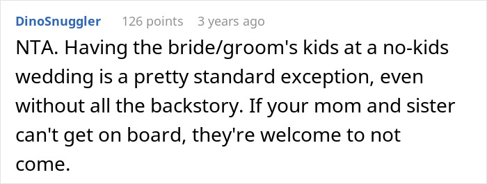 Screenshot of a Reddit comment discussing a bride excluding unruly kids from her wedding and a mom trying to force their inclusion. Screenshot of a Reddit comment discussing a bride excluding unruly kids from her wedding and a mom trying to force their inclusion.