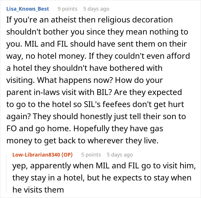 Online discussion about woman demanding in-laws remove religious decorations affecting her atheism, causing family tension.
