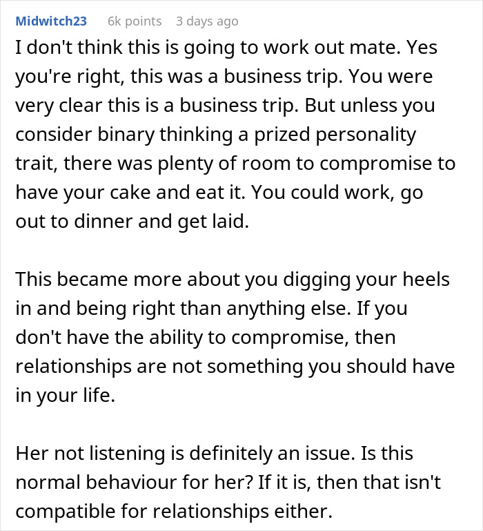 Comment discussing frustration over girlfriend not understanding business trip is not a romantic getaway in a relationship.