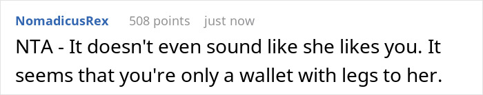 Comment criticizing someone as a wallet with legs, related to stepson, college, family, and money issues. Comment criticizing someone as a wallet with legs, related to stepson, college, family, and money issues.