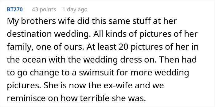 Comment about bride entering new family with drama after excluding sister-in-law from wedding photos on a forum thread. Comment about bride entering new family with drama after excluding sister-in-law from wedding photos on a forum thread.