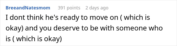 Comment about woman getting a brutal reality check after asking widower boyfriend to remove his wedding ring.