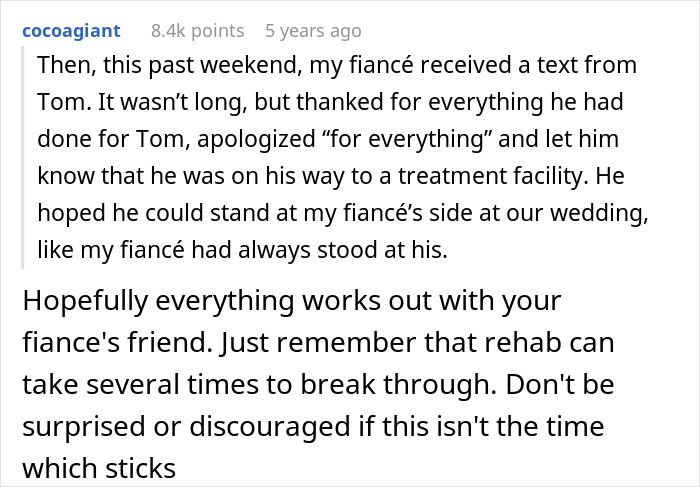 Text message from fianc&eacute;&rsquo;s friend about support and money related to upcoming wedding and treatment facility.