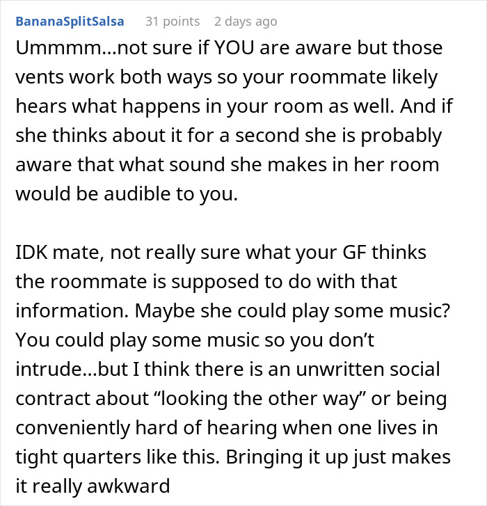 Text comment discussing roommate hearing sounds through vents and the awkwardness of addressing audible moans in shared living spaces. Text comment discussing roommate hearing sounds through vents and the awkwardness of addressing audible moans in shared living spaces.