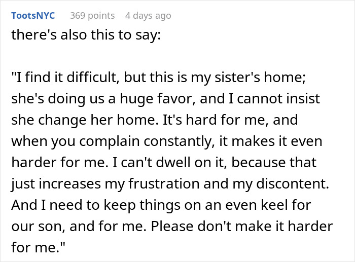 Alt text: Woman keeps complaining about sister-in-law despite staying with her for free, husband feeling annoyed by her behavior.