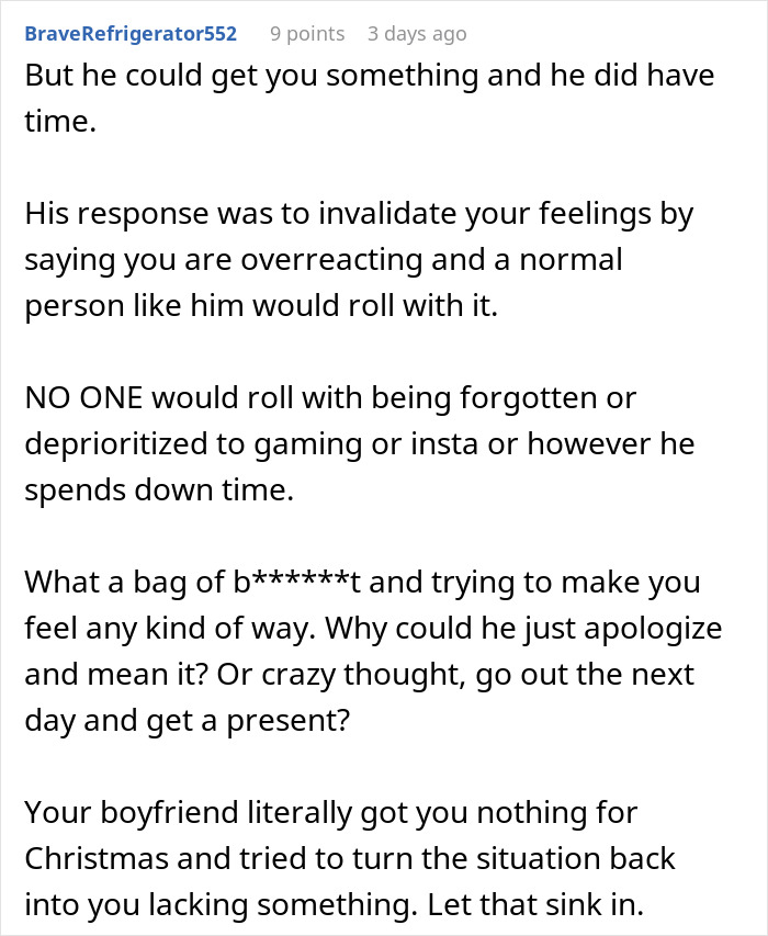 Comment discussing a man failing to buy Christmas presents for his girlfriend and dismissing her feelings. Comment discussing a man failing to buy Christmas presents for his girlfriend and dismissing her feelings.