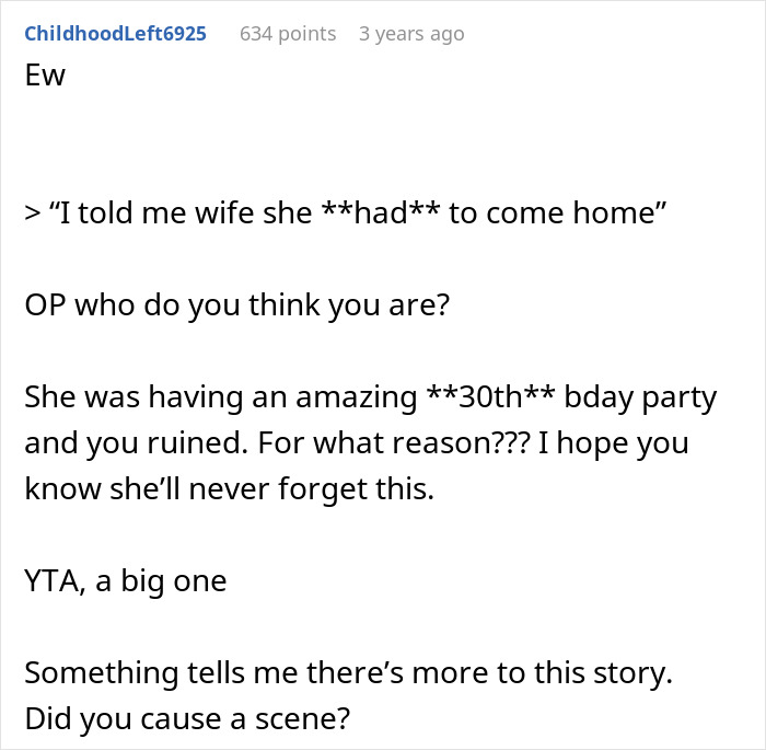 Reddit comment screenshot about wife mopes at b-day party, commenters call husband YTA and criticize him
